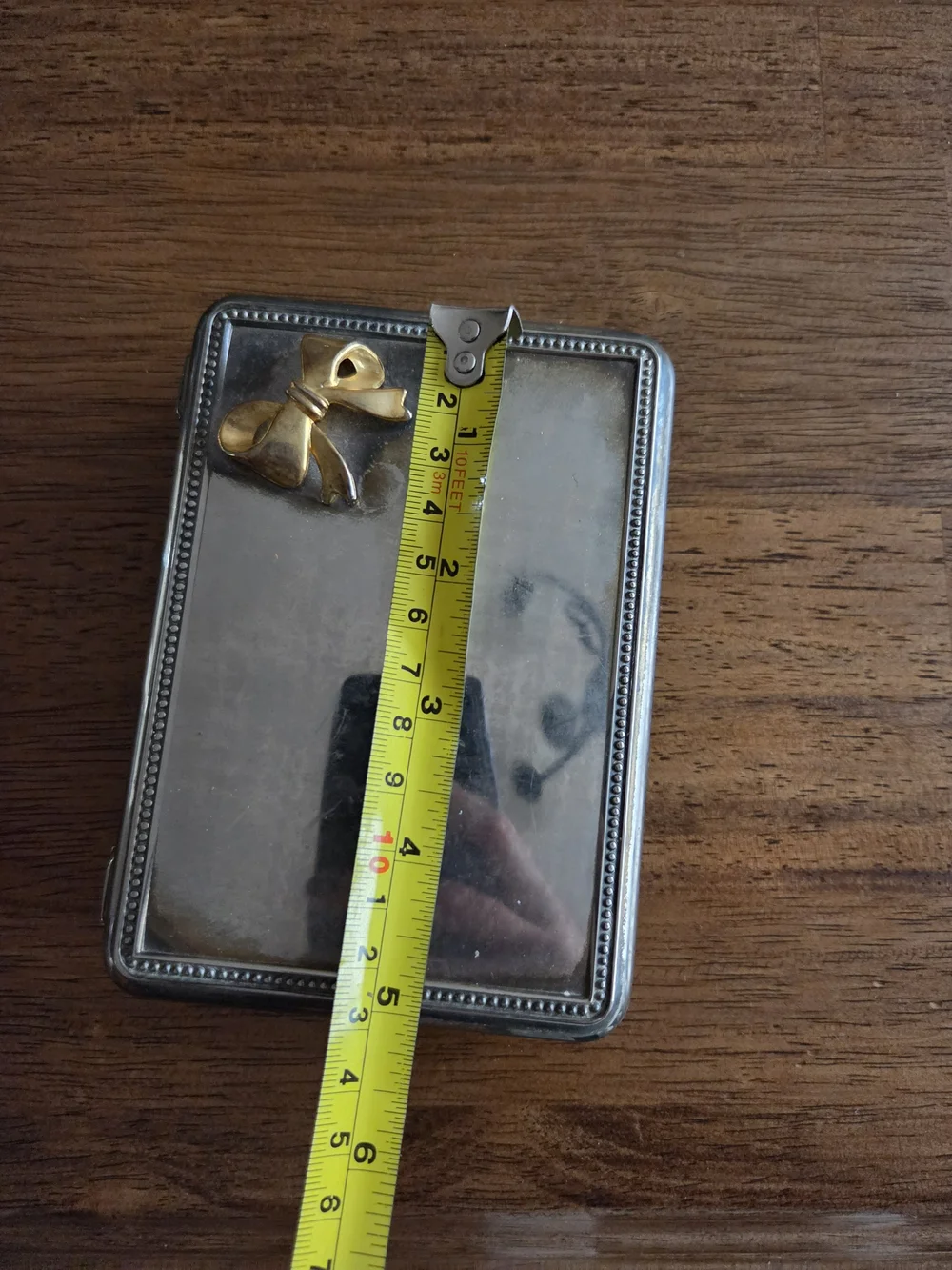 Vintage Silver Tone Jewerly Box with Gold Bow Accent & Mirror